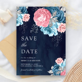Dusty Blue Pink Floral Roos Navy Wedding Save The Date