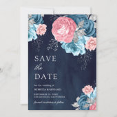 Dusty Blue Pink Floral Roos Navy Wedding Save The Date (Voorkant)