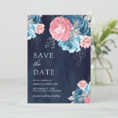 Dusty Blue Pink Floral Roos Navy Wedding Save The Date (Staand voorkant)