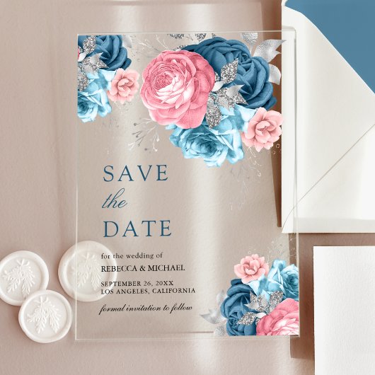 Dusty Blue Pink Floral Roos Wedding Save the Date Acryl Uitnodigingen