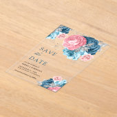 Dusty Blue Pink Floral Roos Wedding Save the Date Acryl Uitnodigingen (Laagn)