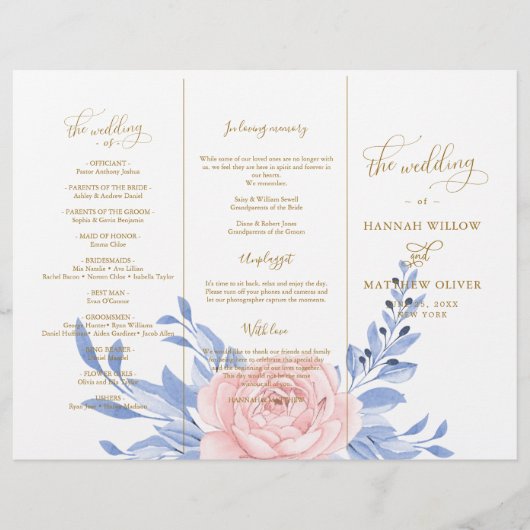Dusty Blue Pink Floral Rustic Wedding Ceremony (Voorkant)