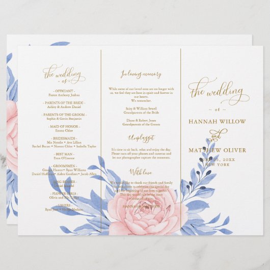 Dusty Blue Pink Floral Rustic Wedding Ceremony (Voorkant / Achterkant)