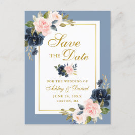 Dusty Blue Pink Floral Save the Date Gold Aankondigingskaart