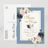 Dusty Blue Pink Floral Save the Date Gold Aankondigingskaart (Voorkant / Achterkant)