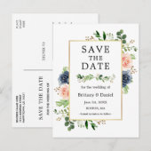 Dusty Blue Pink Floral slaat de datum op Briefkaart (Voorkant / Achterkant)