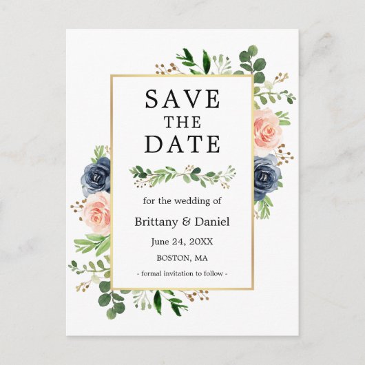 Dusty Blue Pink Floral slaat de datum op Briefkaart (Voorkant)