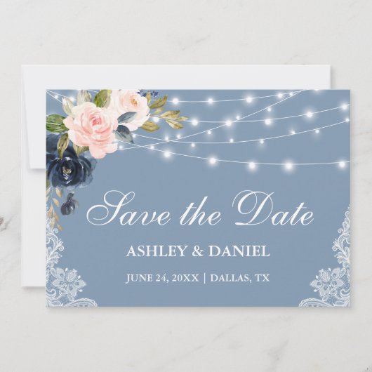 Dusty Blue Pink Floral String Lights Lace Save The Date (Voorkant)