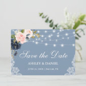 Dusty Blue Pink Floral String Lights Lace Save The Date (Staand voorkant)