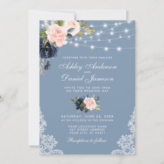 Dusty Blue Pink Floral String Lights Wedding Kaart (Voorkant)