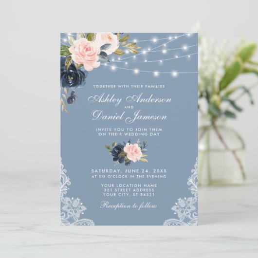 Dusty Blue Pink Floral String Lights Wedding Kaart (Staand voorkant)