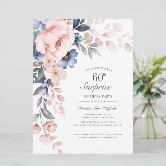 Dusty Blue Pink Floral Surprise 60th Birthday (Staand voorkant)