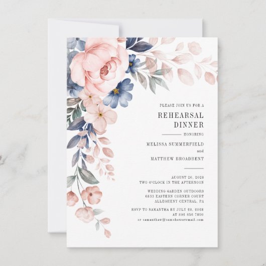 Dusty Blue Pink Floral Waterverf Rehearings Dinner Kaart (Voorkant)