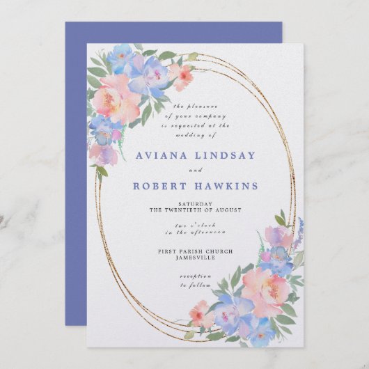 Dusty Blue Pink Floral Waterverf Wedding Kaart (Voorkant / Achterkant)