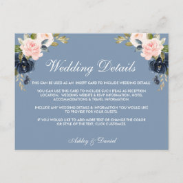 Dusty Blue Pink Floral Wedding Details Kaart invoe