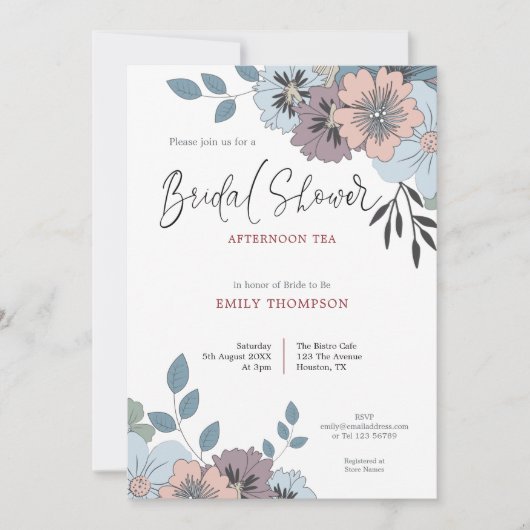 Dusty Blue Pink Florals Script Vrijgezellenfeest T Kaart (Voorkant)