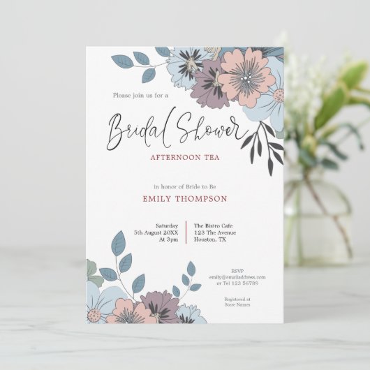 Dusty Blue Pink Florals Script Vrijgezellenfeest T Kaart (Staand voorkant)