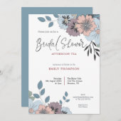 Dusty Blue Pink Florals Script Vrijgezellenfeest T Kaart (Voorkant / Achterkant)