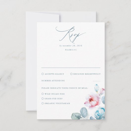 Dusty Blue Pink Flowers Elegant Dreamweaver Weddin RSVP Kaartje (Voorkant)