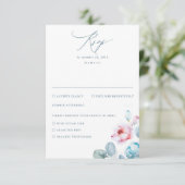 Dusty Blue Pink Flowers Elegant Dreamweaver Weddin RSVP Kaartje (Staand voorkant)