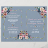 Dusty Blue Pink Flowers Gold Wedding Programme (Voorkant)