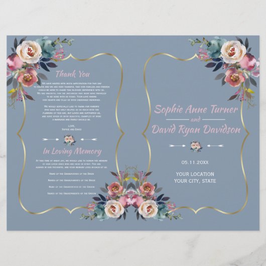 Dusty Blue Pink Flowers Gold Wedding Programme (Voorkant)