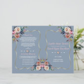 Dusty Blue Pink Flowers Gold Wedding Programme (Staand voorkant)