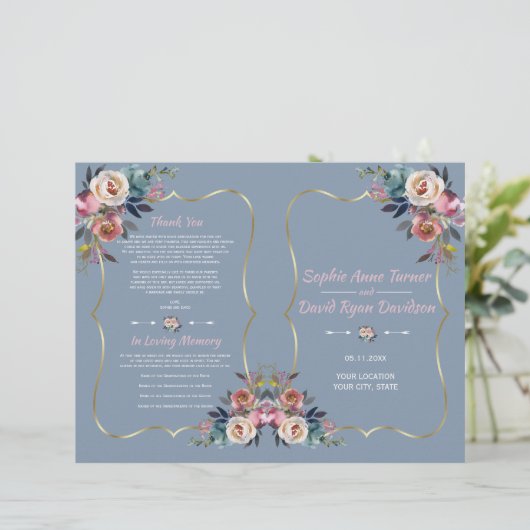 Dusty Blue Pink Flowers Gold Wedding Programme (Staand voorkant)