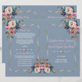 Dusty Blue Pink Flowers Gold Wedding Programme (Voorkant / Achterkant)
