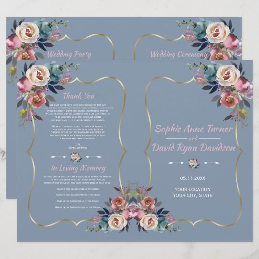 Dusty Blue Pink Flowers Gold Wedding Programme (Voorkant / Achterkant)