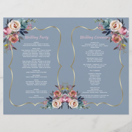 Dusty Blue Pink Flowers Gold Wedding Programme (Achterkant)
