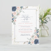 Dusty Blue Pink Gold Floral Celebration of Life Kaart (Staand voorkant)