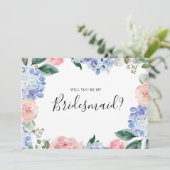 Dusty Blue Pink hydrangeas Bridesmaid Voorstel Kaart (Staand voorkant)