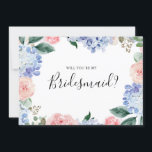Dusty Blue Pink hydrangeas Bridesmaid Voorstel Kaart<br><div class="desc">Moderne zal je mijn bruidsmaidsuitnodiging zijn met lichtblauwe en stoffige blauwe waterverf hydrangeas met pastelroze, blush, perzik, witte rozen, pinda's, sage eucalyptusbladeren, takken en bladeren. Gemuteerde zachte en droomroemeense tinten lentemperdagavond waterverf florale design die overeenkomen met je thema bruiloft. Zoek meer overeenkomende design en variaties uit mijn winkel met 'blissweddingpaperie'....</div>