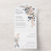 Dusty Blue Pink Modern Botanical Wedding All In One Uitnodiging (Binnen)