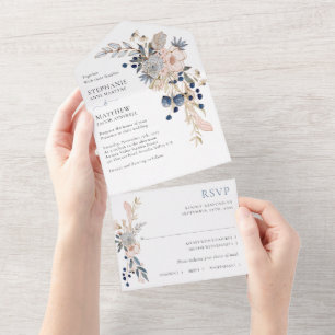 Dusty Blue Pink Modern Botanical Wedding All In One Uitnodiging