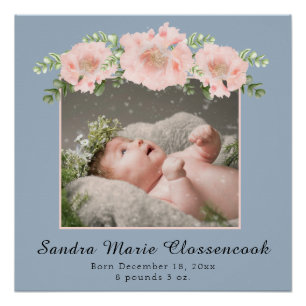 Dusty Blue Pink New Baby Girl Shower Nursery Perfect Poster