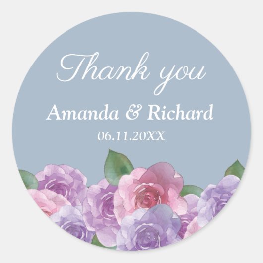 Dusty Blue Pink Paars Floral Weddenschap Bedankt Ronde Sticker (Voorkant)