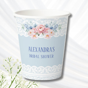 Dusty Blue Pink Peony Romantic Lace Vrijgezellenfe Papieren Bekers