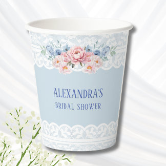 Dusty Blue Pink Peony Romantic Lace Vrijgezellenfe Papieren Bekers