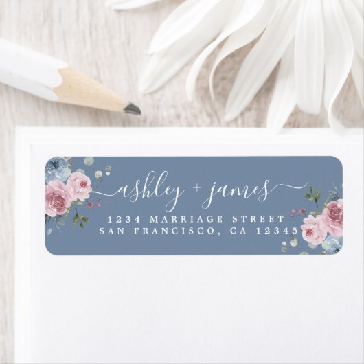 Dusty Blue Pink Rose Return Address Label (Insitu)