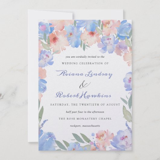 Dusty Blue Pink Waterverf Floral Wedding Inv Kaart (Voorkant)