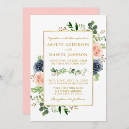 Dusty Blue Pink Waterverf Rozen Gold Wedding Kaart
