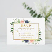 Dusty Blue Pink Waterverf Rozen Gold Wedding RSVP Kaartje (Staand voorkant)