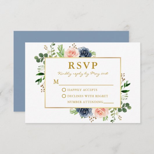 Dusty Blue Pink Waterverf Rozen Gold Wedding RSVP Kaartje (Voorkant / Achterkant)