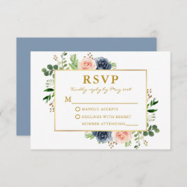 Dusty Blue Pink Waterverf Rozen Gold Wedding RSVP Kaartje