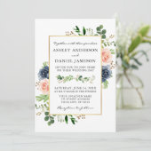 Dusty Blue Pink Waterverf Rozen Greenery Wedding Kaart (Staand voorkant)