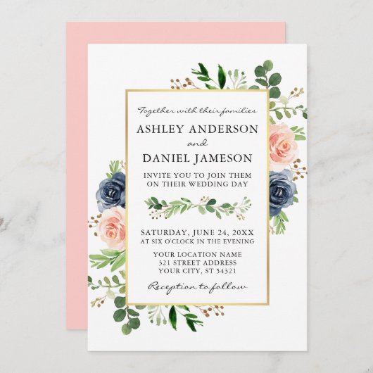 Dusty Blue Pink Waterverf Rozen Greenery Wedding Kaart (Voorkant / Achterkant)