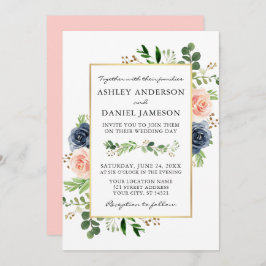 Dusty Blue Pink Waterverf Rozen Greenery Wedding Kaart