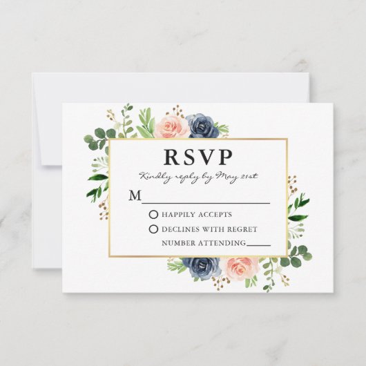 Dusty Blue Pink Waterverf Rozen Greenery Wedding RSVP Kaartje (Voorkant)